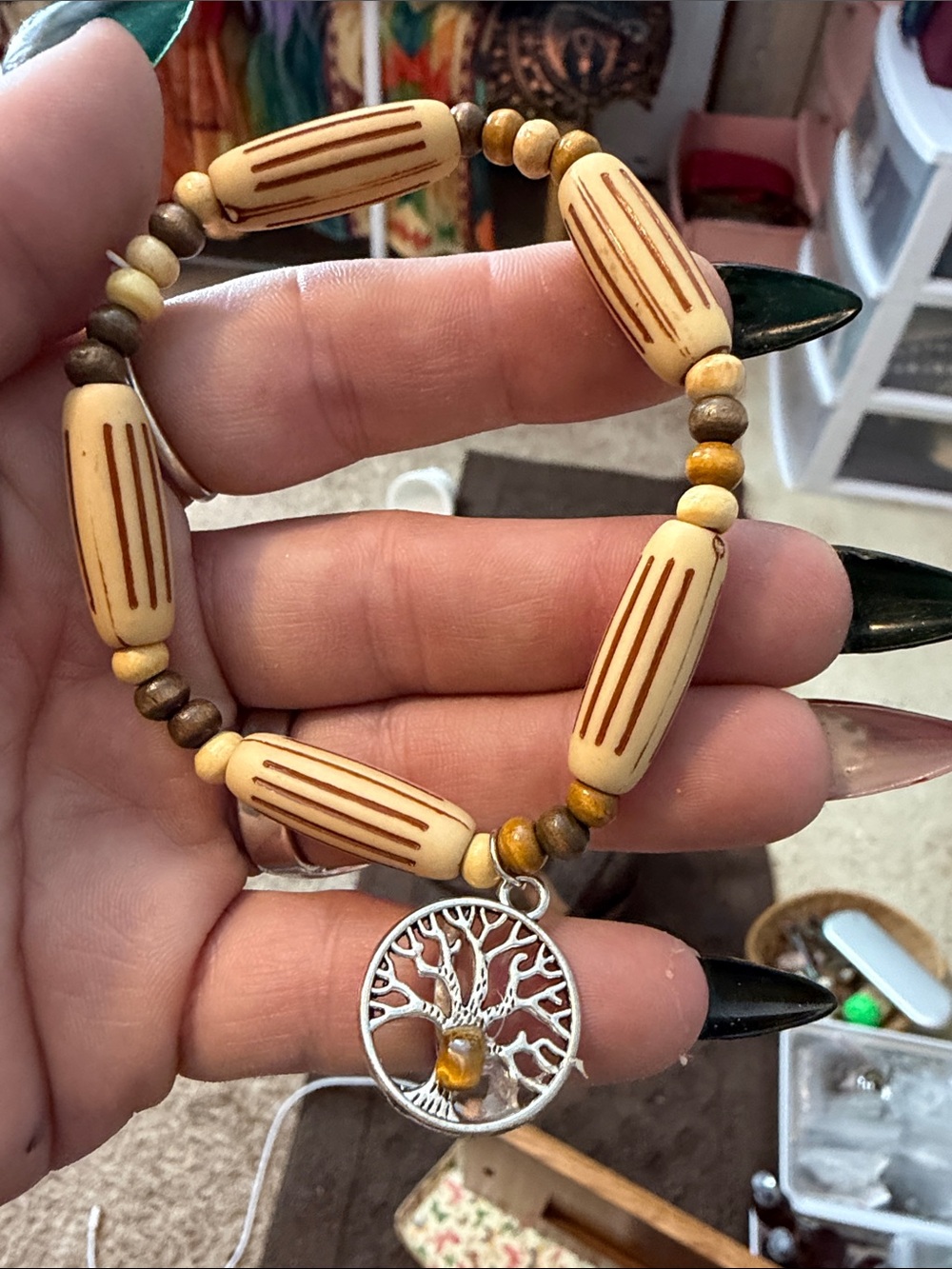 Boho Beige and Brown Beaded Bracelet with Tree of Life Charm